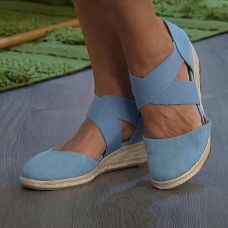 TANBARA | Damen Espadrille-Keilsandaletten mit Kreuzriemen